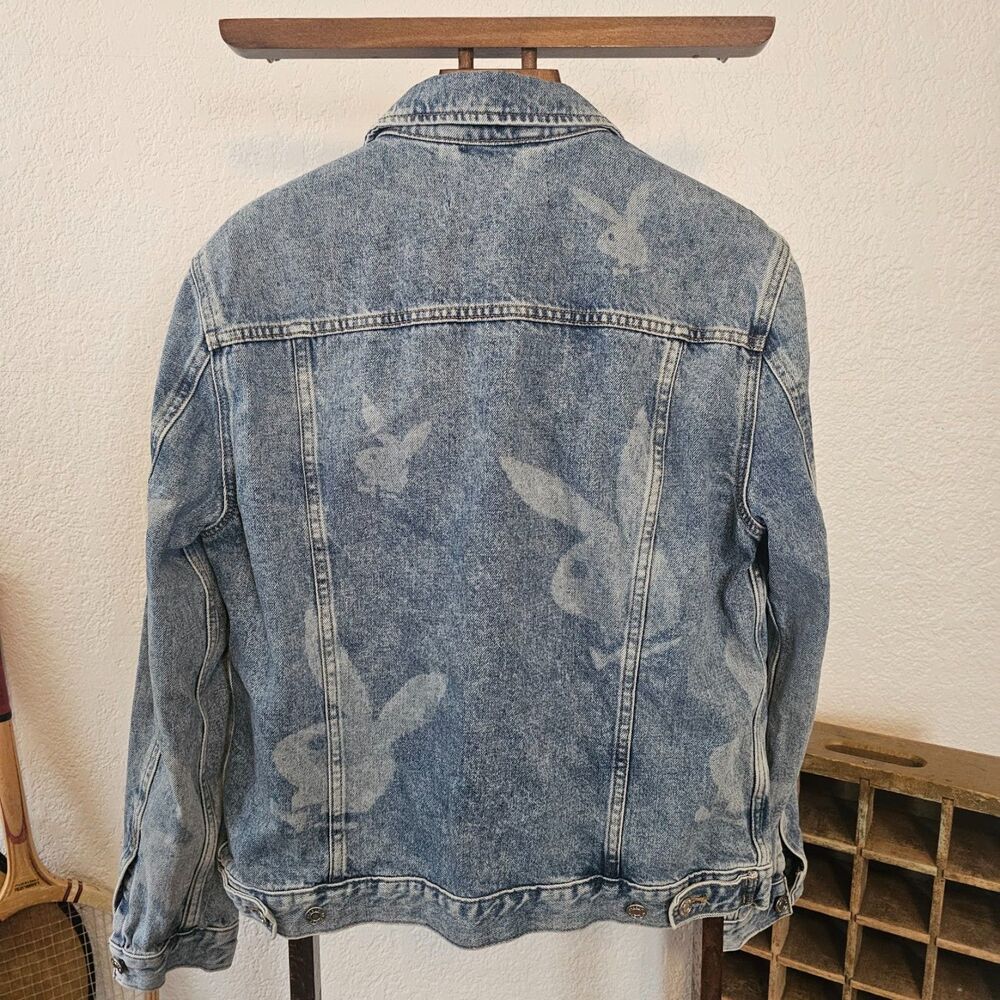 Y2K Playboy PacSun Denim Jacket Men M All Over Bunny Print Acid Wash Streetwear